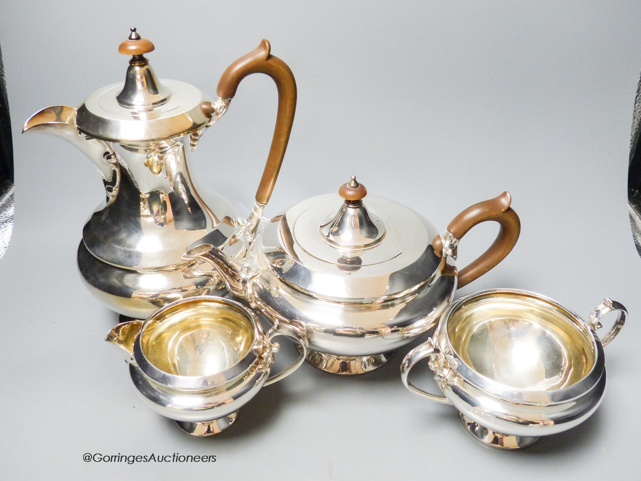 A George V silver four piece tea set, Jay, Richard Attenborough Co Ltd, London, 1912, gross 76oz.